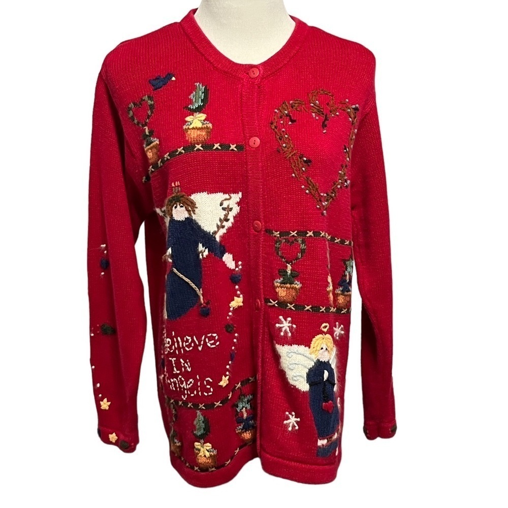 The Quacker Factory Vintage Red Angel Christmas Cardigan Size Medium